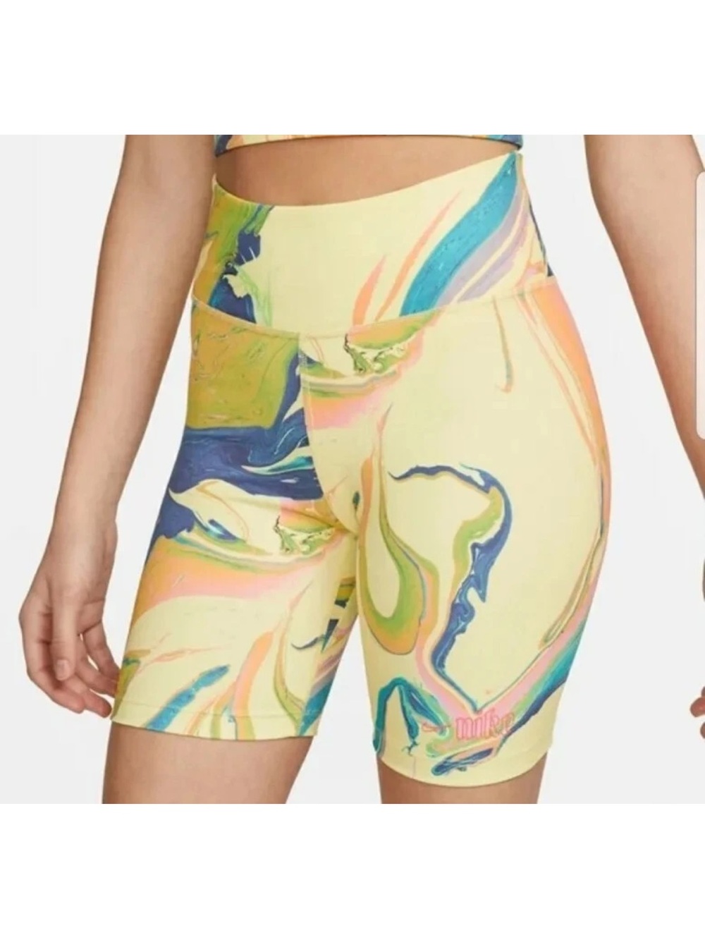 Nike Yellow Marble-Print Bike Shorts with Multicolor Swirls